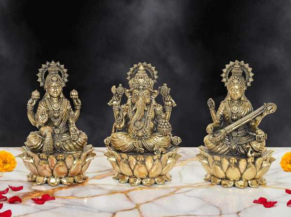 Superfine Brass Lakshmi Ganesh Saraswati Idol (Height:6 Inch)