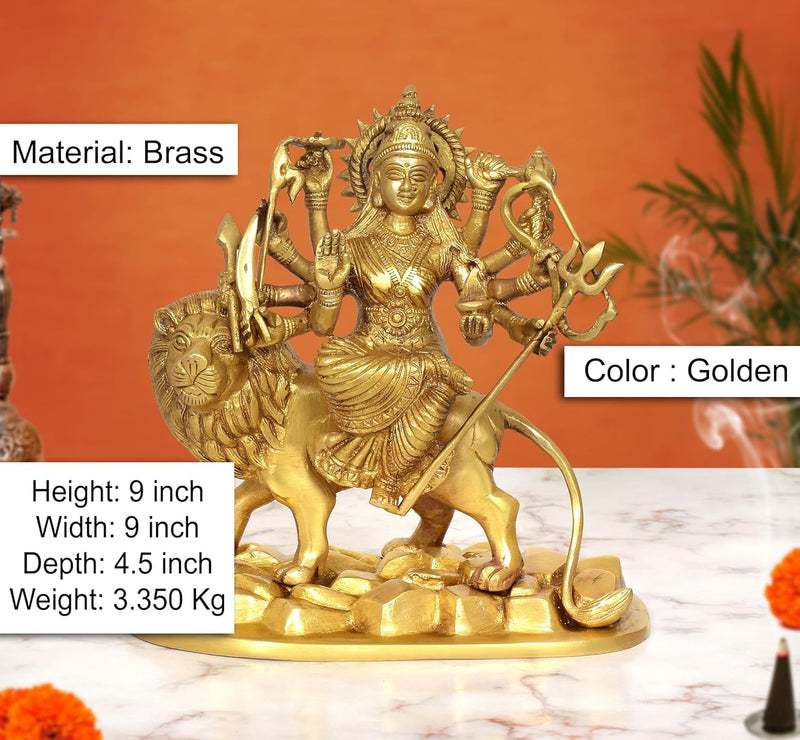 Brass Durga Maa with Lion Statue (Height 9 Inch)