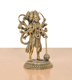 Standing Panchamukhi Hanuman brass idol with trident-like staff and decorative base