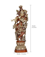 Krishna brass statue, 29 in height and 9 in width, red and gold ornate base