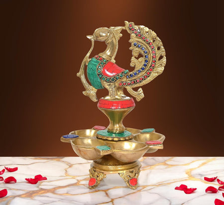 Brass Oil Lamp On Peacock | Five Diya Stand (Height 11 Inches)