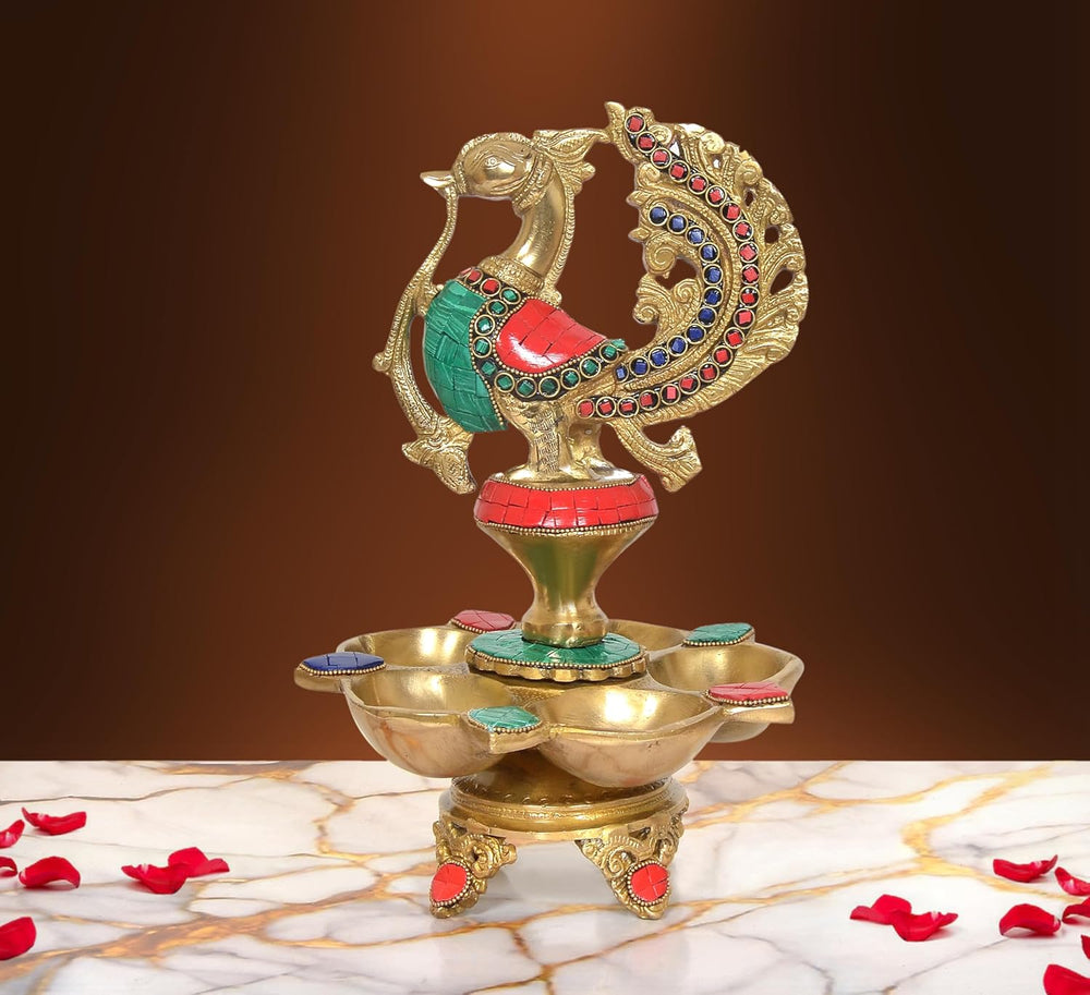 Brass Oil Lamp On Peacock | Five Diya Stand (Height 11 Inches)