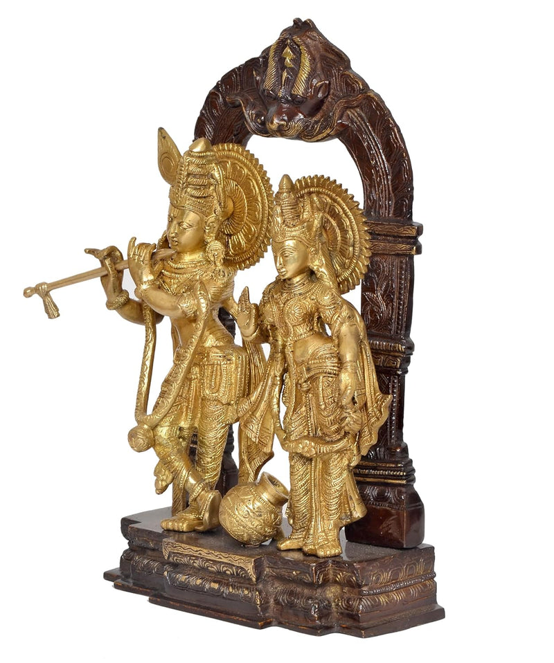 Brass Radha Krishna Idol Statue On Artistic Frame for Home Decor and Pooja Mandir Temple Office Decor (Height 14 Inch)