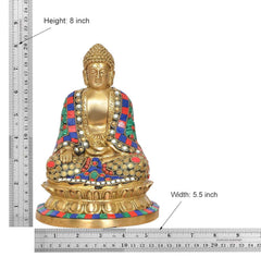 Brass Buddha in Dhyan Mudra (8 inch height, 5.5 inch width), multicolour robe, seated