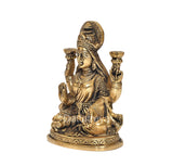 Brass Lakshmi Laxmi idol statue, seated pose with detailed jewelry, side view