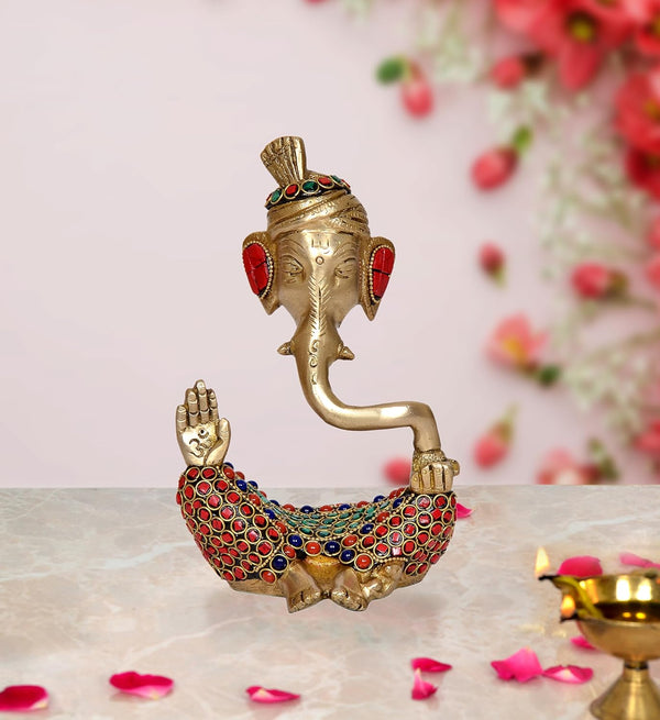 Brass Modern Ganesha |Safa Ganesh Murti| Multicolor Stone Work Finish | Home Decor/Office Entrance/Temple/Diwali Gift | (Height : 7 inch) (Multicolor)