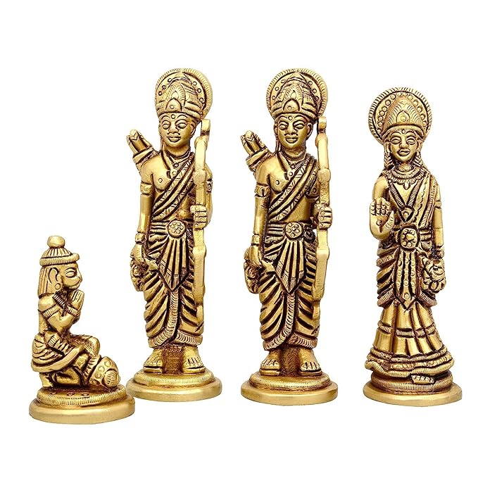Golden brass Ram, Sita, Laxman & Hanuman idol statues on bases