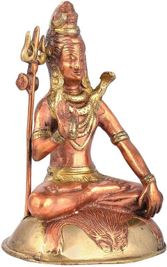 Brass Bhagwan Shiva statue, seated pose with raised hand and trident