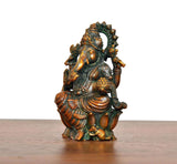 Multicolour Lord Ganesha brass idol, side view, crown and arms with decorative motifs