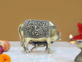 Brass cow with calf decor, full figure side view with ornate raised designs