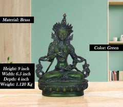 Brass Tara Devi Statue, 9 Zoll hoch, grüne Ausführung, im Meditationssitz