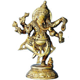 Dancing Ganesha brass idol statue with six raised hands, ornate detailing, 10 inch
