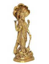 Rear view brass Vishnu statue standing with Sheshanaag serpent at base