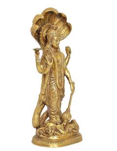 Rear view brass Vishnu statue standing with Sheshanaag serpent at base
