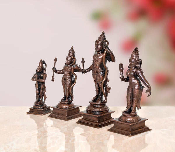 Copper Ram Darbar with Sita Lakshman Hanuman Copper Finish Statue, Height 6 inches Study Setting