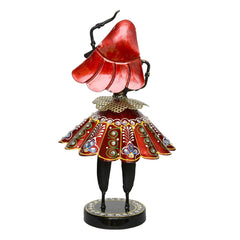 Multicolour Rajasthani dancing doll figurine, red cap and iron arms, on round base, back view