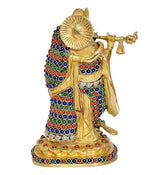 Brass Radha Krishna idol statue, back/side view with colorful gemstone-like details