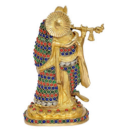 Brass Radha Krishna idol statue, back/side view with colorful gemstone-like details