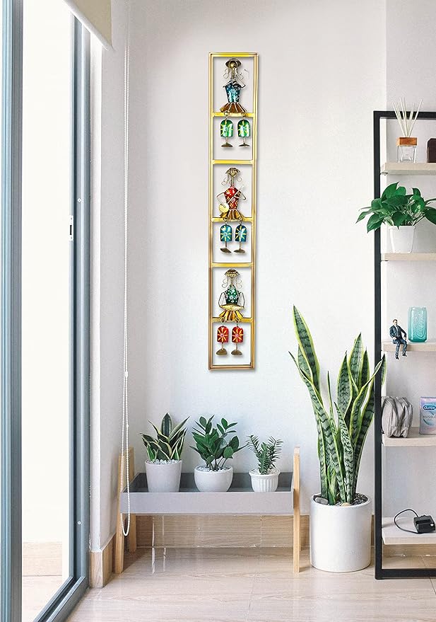 Long iron musician doll wall hanging, tall gold frame with four colorful figures