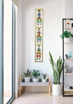 Long iron musician doll wall hanging, tall gold frame with four colorful figures