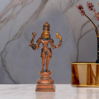 Brass Shiva idol statue with four arms, ornate headdress, on base, 6 inch