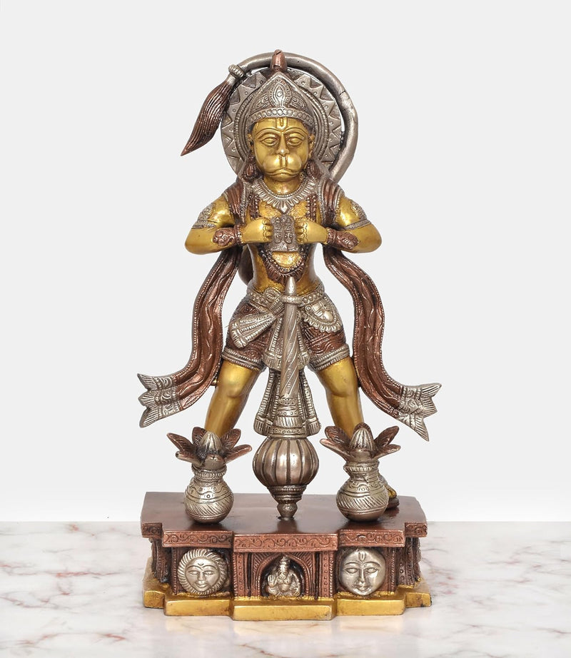 Brass Standing Hanuman Ji Murti Showing Ram and Sita in His Heart (Height: 12.5 inch)
