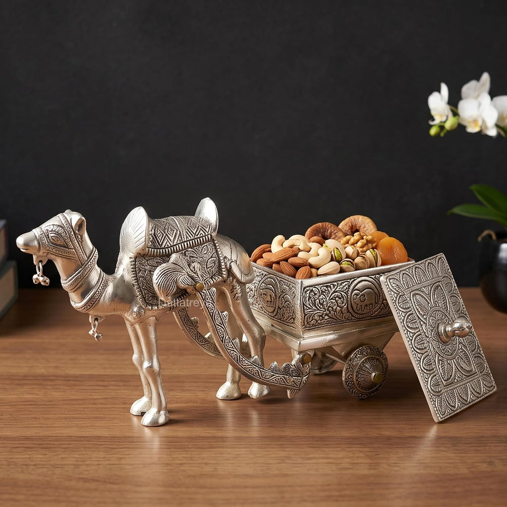 Metal Camel Chariot Dry Furit Decorative Showpiece Items for Home Decor Living Room Table Top Diwali Decoration & Diwali Gifts (Height: 8 Inches)