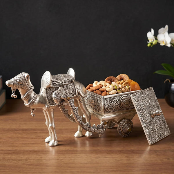 Metal Camel Chariot Dry Furit Decorative Showpiece Items for Home Decor Living Room Table Top Diwali Decoration & Diwali Gifts (Height: 8 Inches)