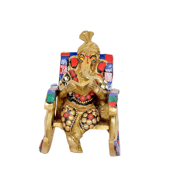 Brass Ganesha Statue Book Reading Turbaned Ganesh Sitting on Chair Sculpture for Home DecorMulticolor (Height 5 inch) (Multicolor1)