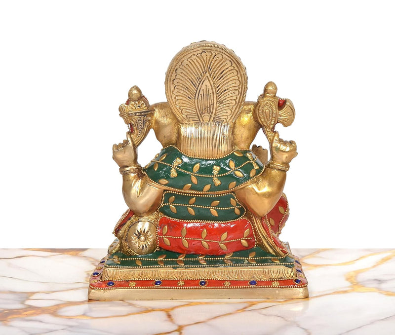 Brass Sitting Lord Ganesha Idol (Height 8 Inch) (Multicolor 1)