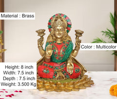 Brass Lakshmi idol, multicolor red and teal painted dress with jeweled accents, 8-inch