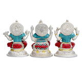 Brass Ganesha idol from back, round halo detail, turquoise shawl, red sash, lotus base
