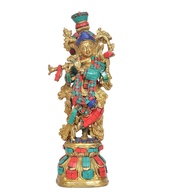 Brass Lord Krishna Sculpture (Height: 12.5 Inches) Study Setting