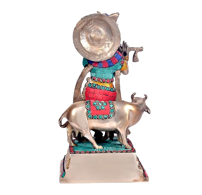 Krishna Playing Flute Idols with Kamdhenu Cow Statue Hindu God Religious Idol Krishan Showpiece Figurine for Home Puja Room Mandir Temple Office Living Room Decoration & Gifts