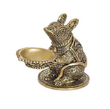Brass mouse diya oil lamp, seated mouse holding shallow oil bowl