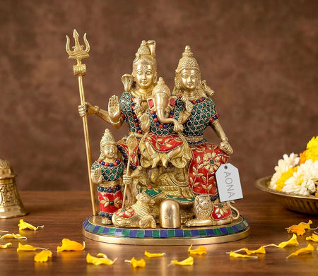 Brass Shiv Parivar with Kartikeya and Ganesha Idol (Height: 10 Inches)