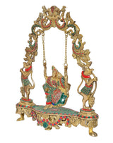 Brass Radha Krishna swing statue, side view with two dancing attendants and swing