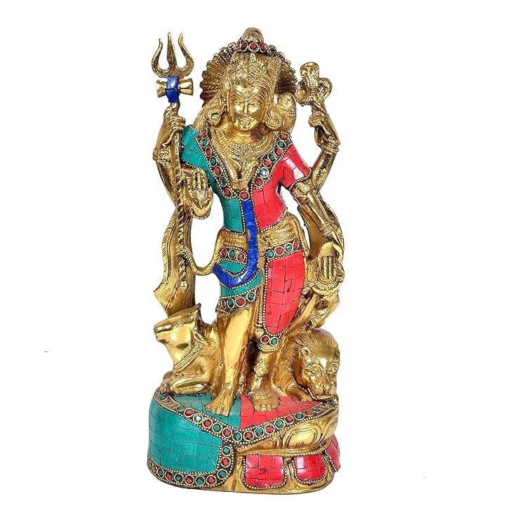 Brass Ardhanarishvara statue, red teal blue robes, trident and damru