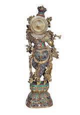 Brass Krishna statue rear details with halo and flute ornament, multicolor attire