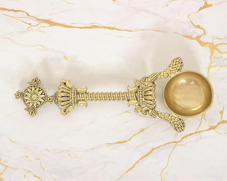Superfine Brass Achmani Patra Spoon | Vishnu Chakra Top (Height: 6.5 inch)