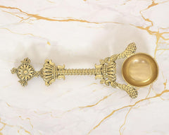 Bronze Achmani Patra spoon with Vishnu chakra motif and round bowl, 6.5 in