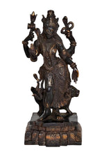 Ardhnarishwar idol figurine, dark bronze finish, on carved pedestal, four arms