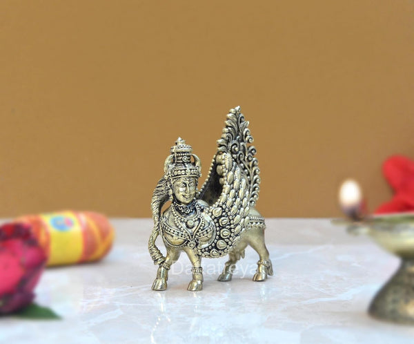 Superfine Brass Kamadhenu Cow with Wings (Height: 3 Inches) Study Setting