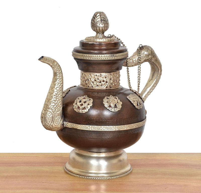 Traditional Himalayan Brass Teapot Tea Kettle Decorative Showpiece (Height: 13 Inches)