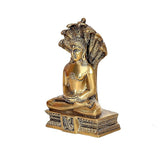 Brass Lord Parashnath statue figurine, side view, seated on detailed base, 4.9 inch