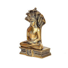 Brass Lord Parashnath statue figurine, side view, seated on detailed base, 4.9 inch