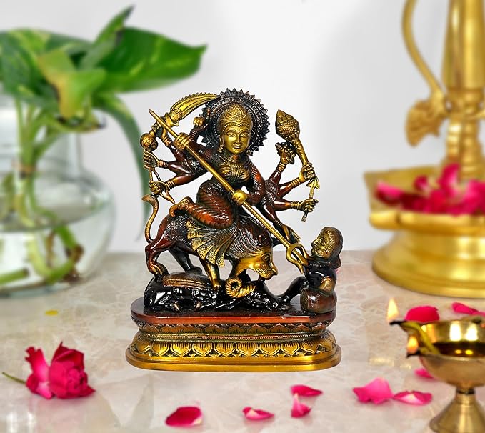 AONA Brass Mahishasura Mardini statue with trident, temple decor, 14-inch height