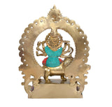Back view brass Durga Maa statue with multicolor halo and lion figure on pedestal