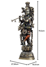 Krishna brass idol statue with height 76.2 cm size diagram, detailed pose