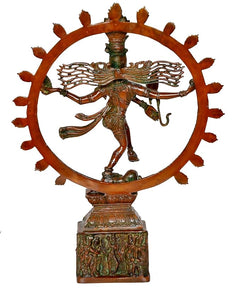 Brass Natraj Lord Shiva idol front view, stylized halo ring and engraved decorative base